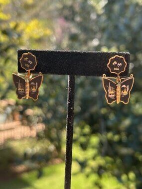 JAPAN AMITA DAMASCENE “K24” BUTTERFLY Screw Back EARRINGS